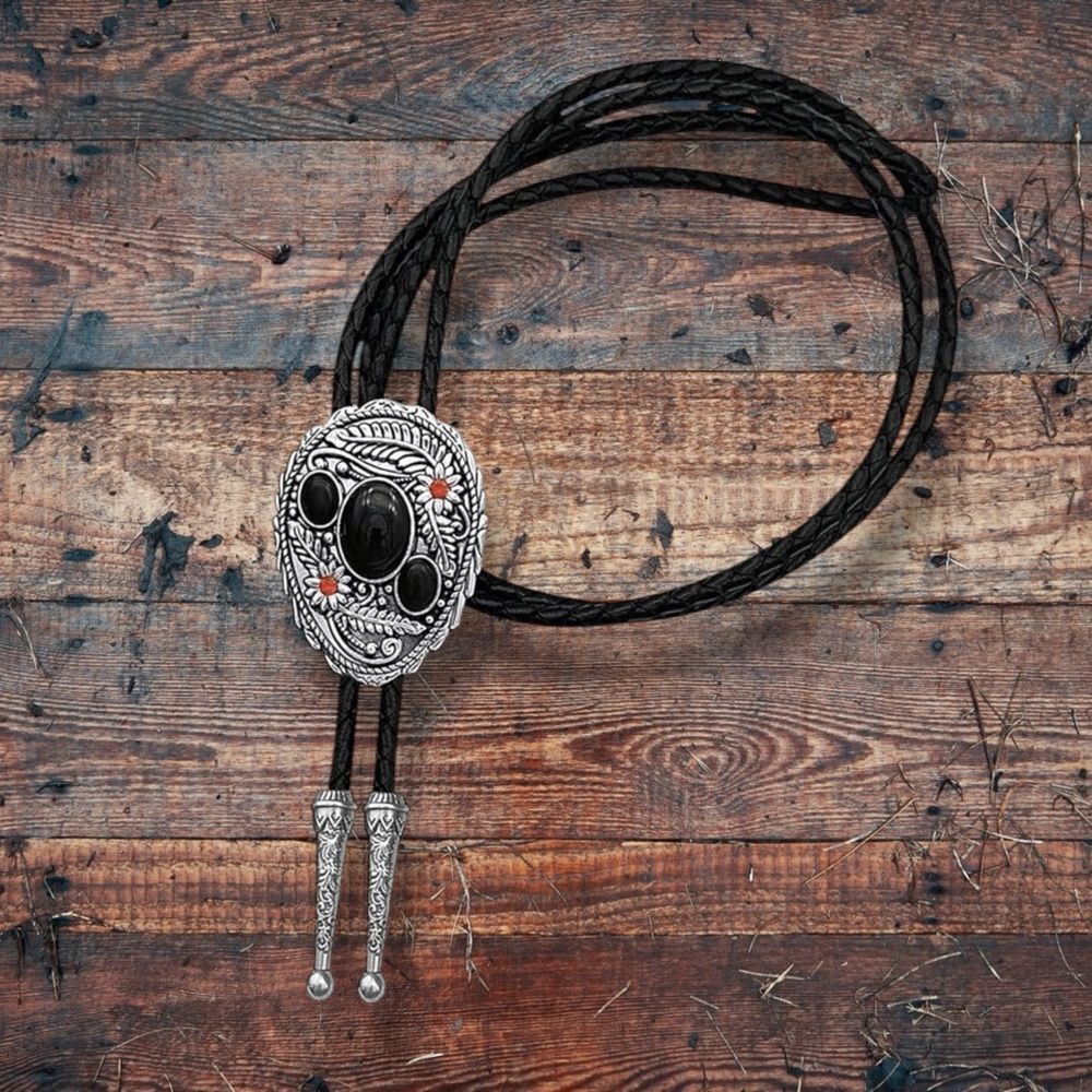 Vintage Western Bolo Tie Silver Floral Feather Black Red Garnet Leather NWT